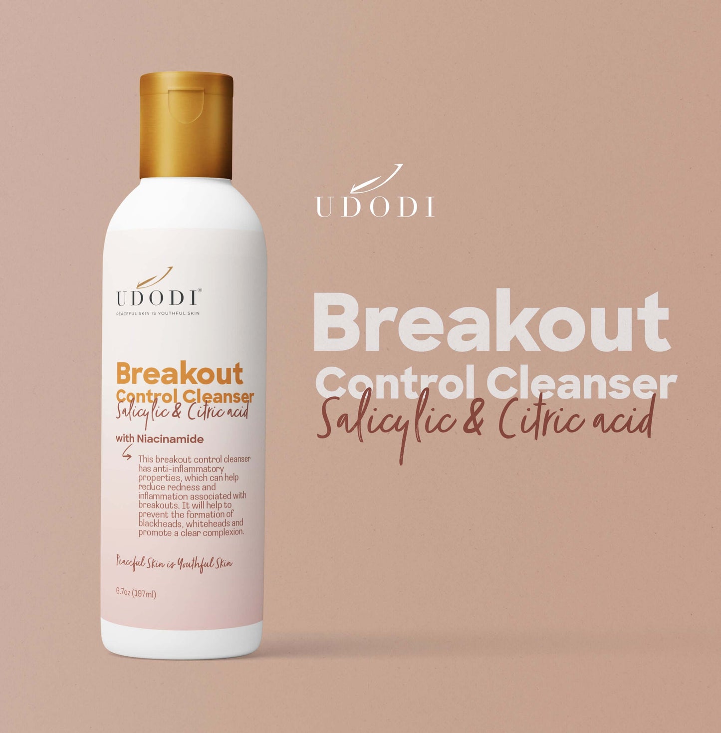 Breakout Control Cleanser bottle with salicylic and citric acid for reducing redness and promoting clear skin.