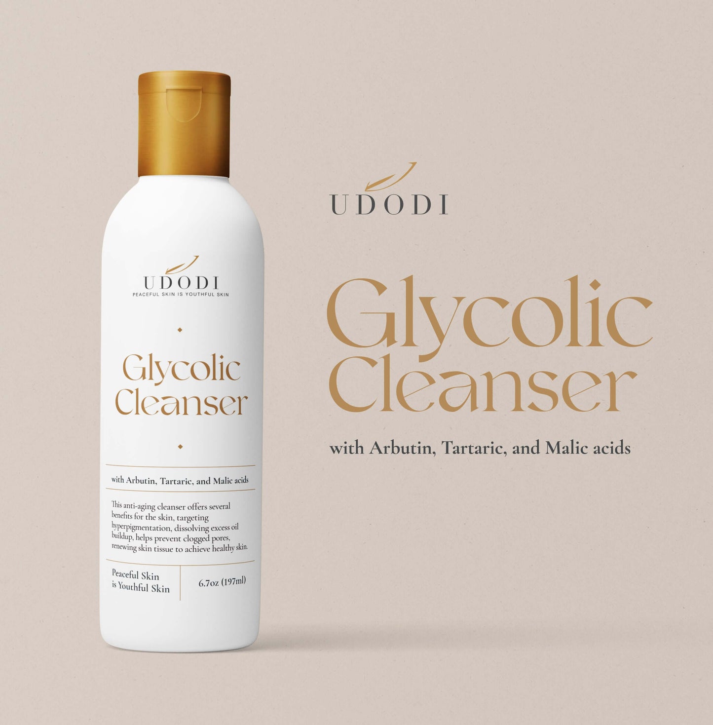 Glycolic Cleanser bottle with Arbutin, Tartaric, and Malic acids for powerful, radiant skin.