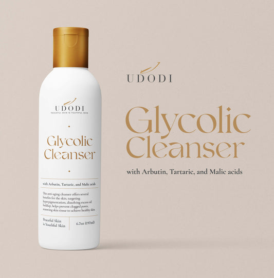 Glycolic Cleanser bottle with Arbutin, Tartaric, and Malic acids for powerful, radiant skin.