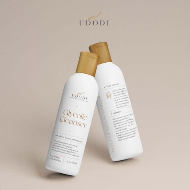 UDODI Glycolic Cleanser bottle, anti-aging formula targeting hyperpigmentation and excess oil for healthy skin.