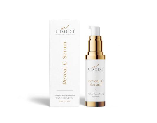 UDODI Reveal C Serum bottle and package for brightening pigmented skin, featuring vitamin C derivative technology.